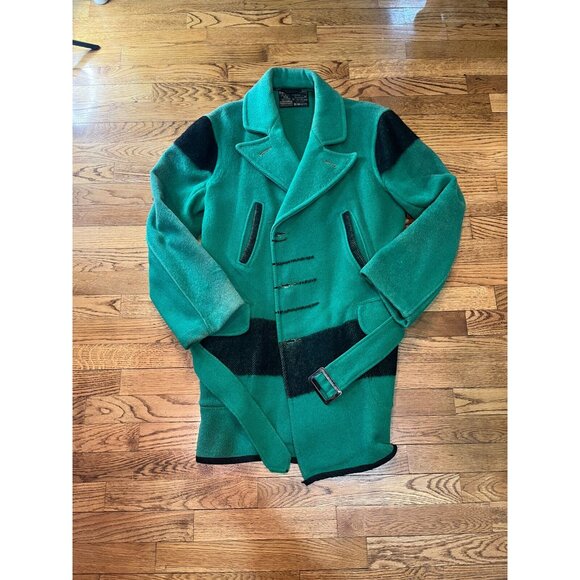 VINTAGE HUDSON BAY GREEN 3.5 POINT STRIPE MAINE GUIDE BLANKET LONG JACKET1940?